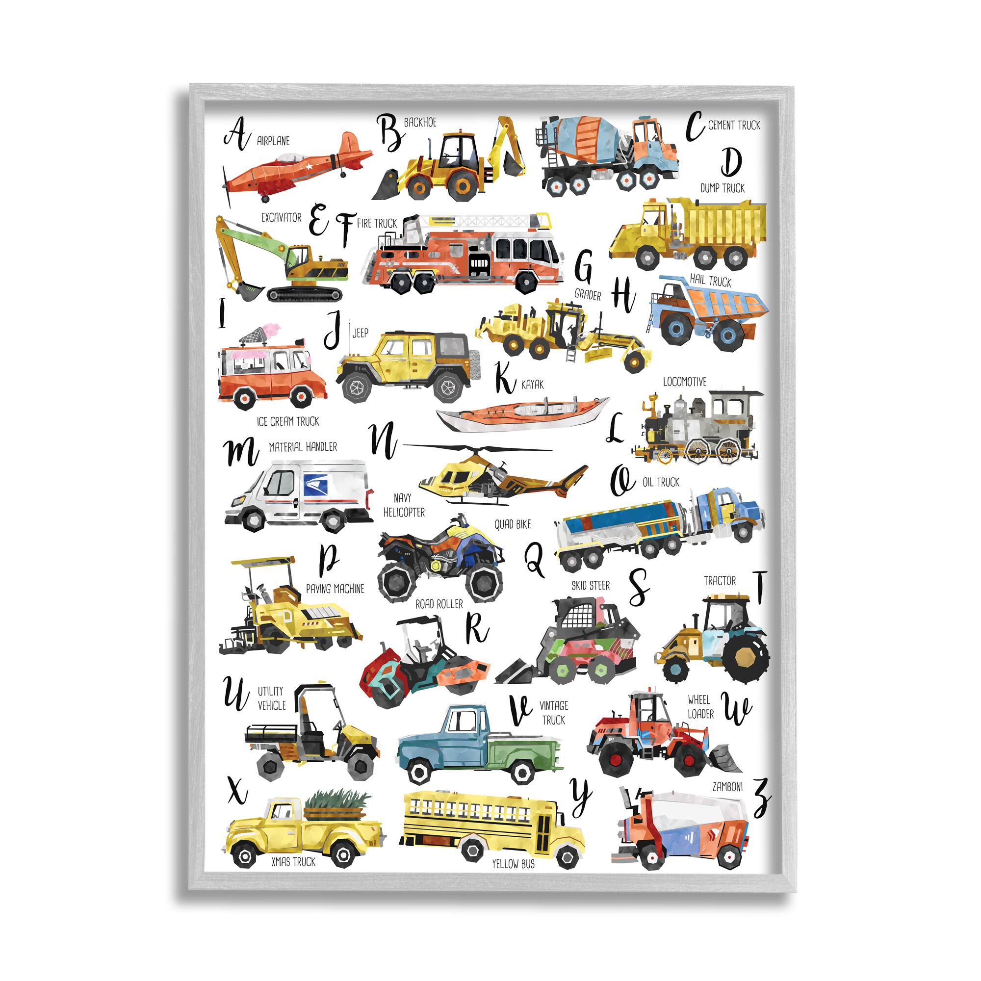Stupell Industries ABC's of Motor Vehicles Kid's Alphabet Chart in Gray Frame Wall Art